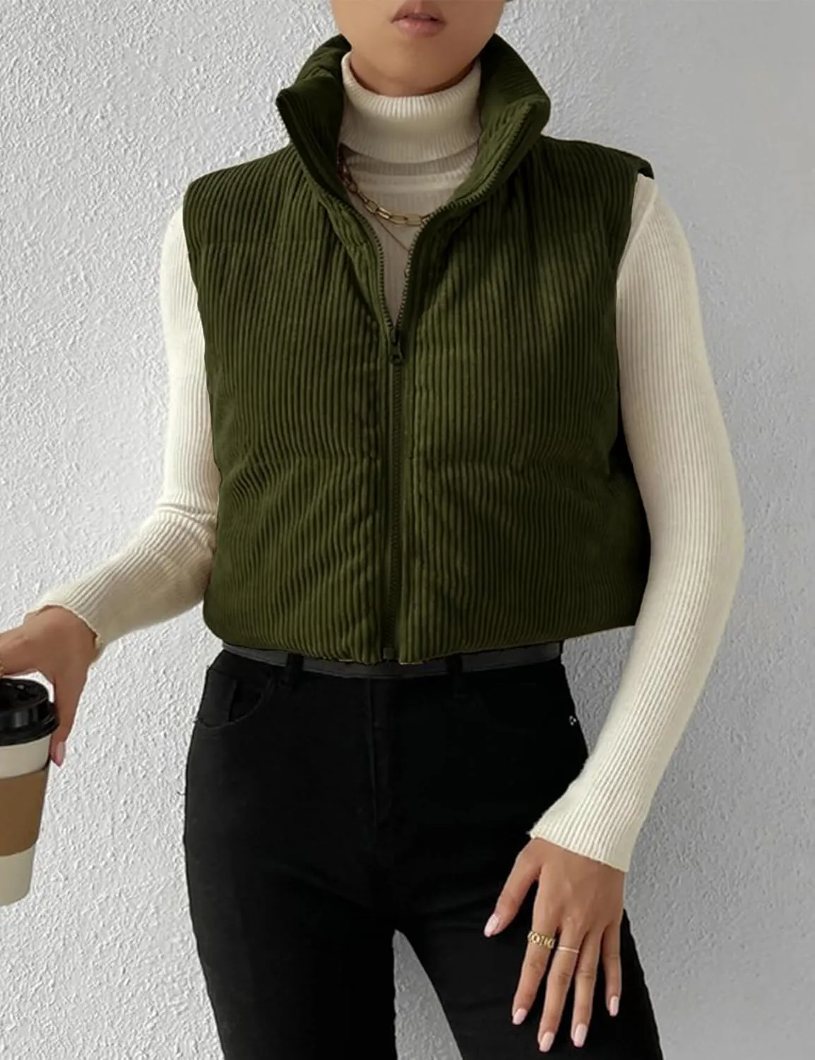 Gihuo Women's Corduroy Puffer Vest Cropped Stand Collar Zip Up Vest Quilted Sleeveless Jackets Gilet