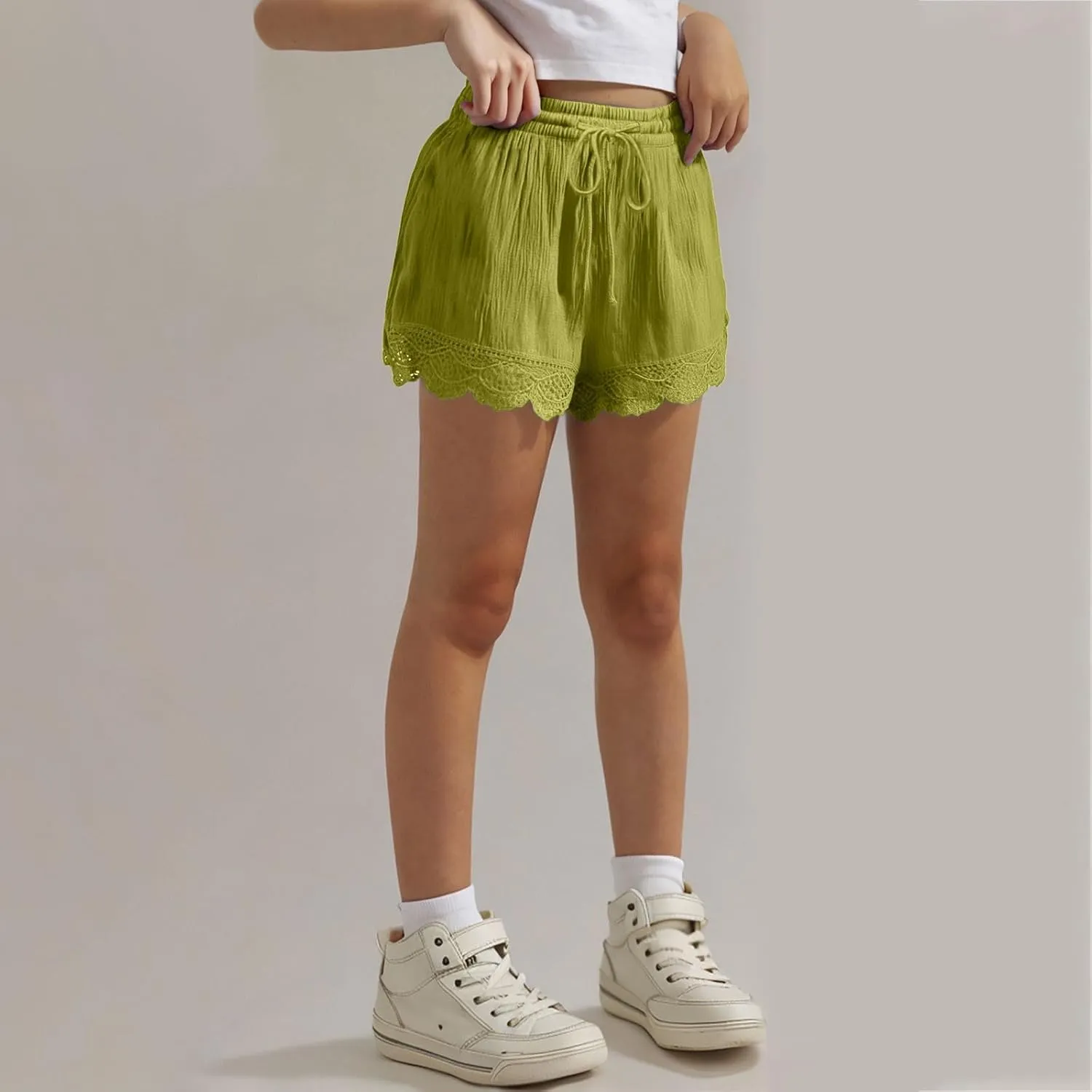 Girls Cotton Linen Shorts Cute Lace Trim Comfy Summer Elastic High Waist Yoga Dance Shorts for Kids 4-14 Years