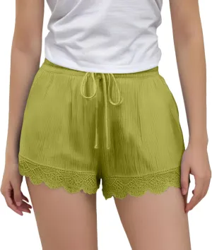 Girls Cotton Linen Shorts Cute Lace Trim Comfy Summer Elastic High Waist Yoga Dance Shorts for Kids 4-14 Years