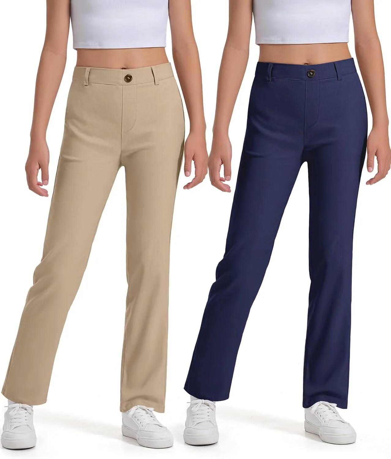 Girls Uniform Pants Kids Dress Pants High Stretchy with Pockets Size 7-14 Years