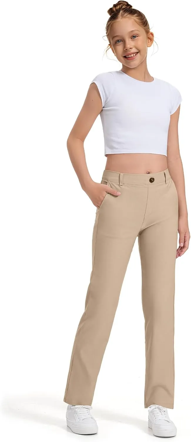 Girls Uniform Pants Kids Dress Pants High Stretchy with Pockets Size 7-14 Years