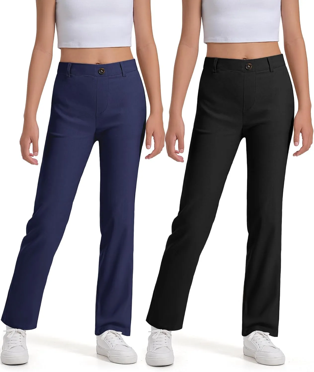 Girls Uniform Pants Kids Dress Pants High Stretchy with Pockets Size 7-14 Years