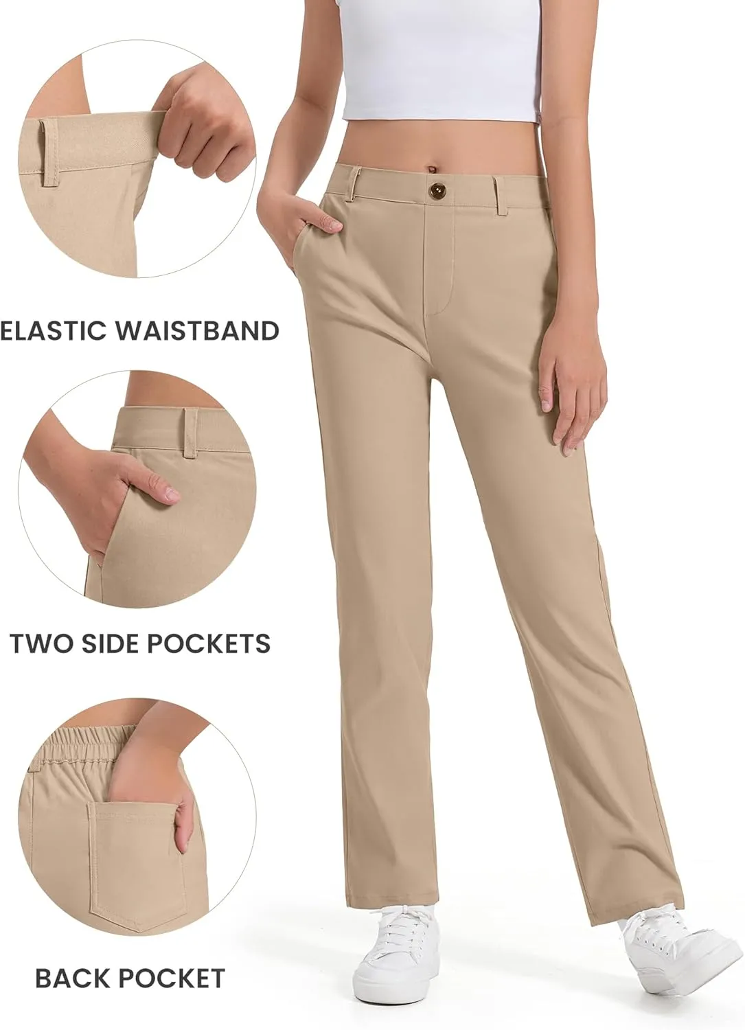 Girls Uniform Pants Kids Dress Pants High Stretchy with Pockets Size 7-14 Years