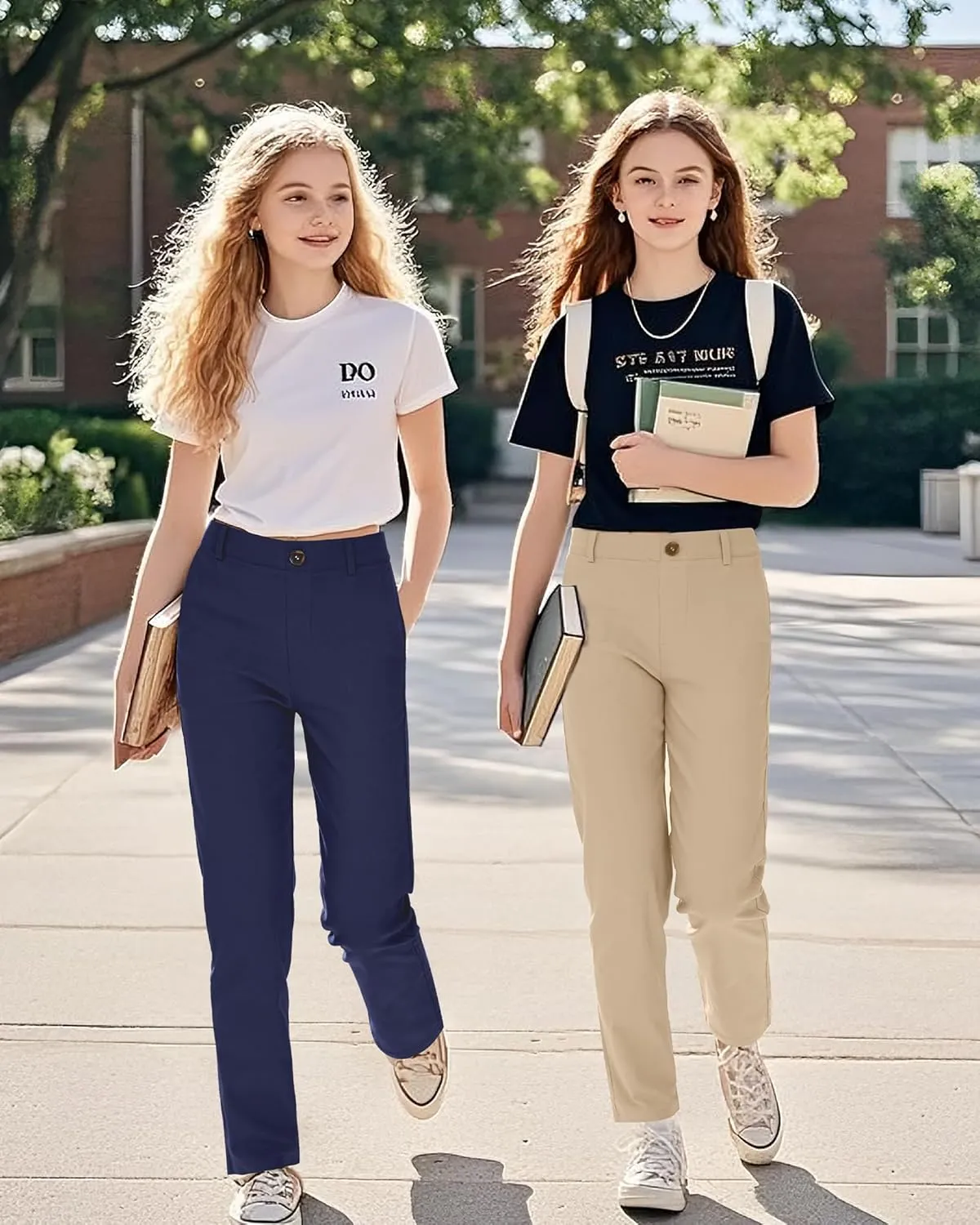 Girls Uniform Pants Kids Dress Pants High Stretchy with Pockets Size 7-14 Years