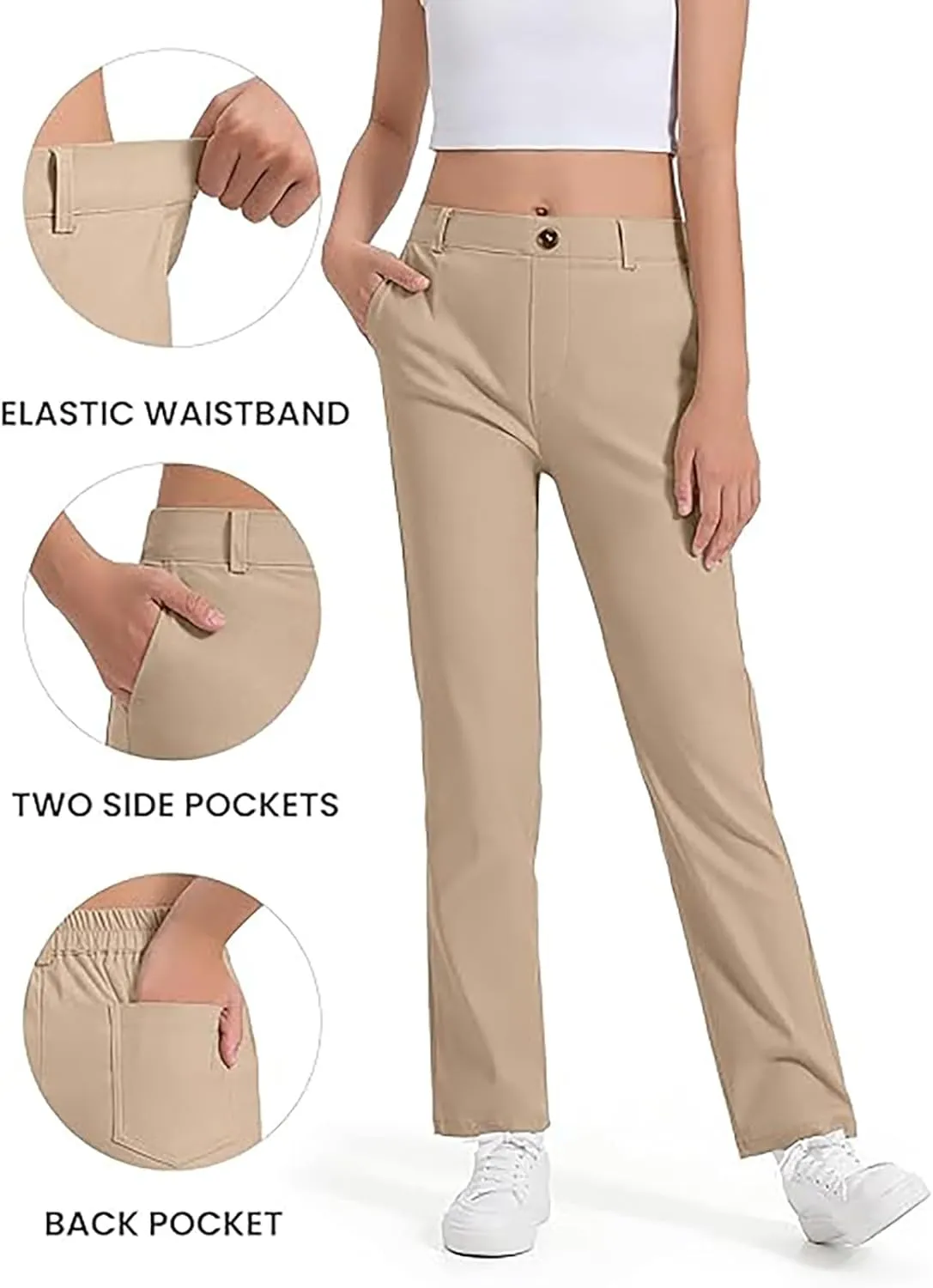 Girls Uniform Pants Kids High Stretchy Straight Leg Kids Dress Pants Elastic Waist Boys School Pant with Pockets