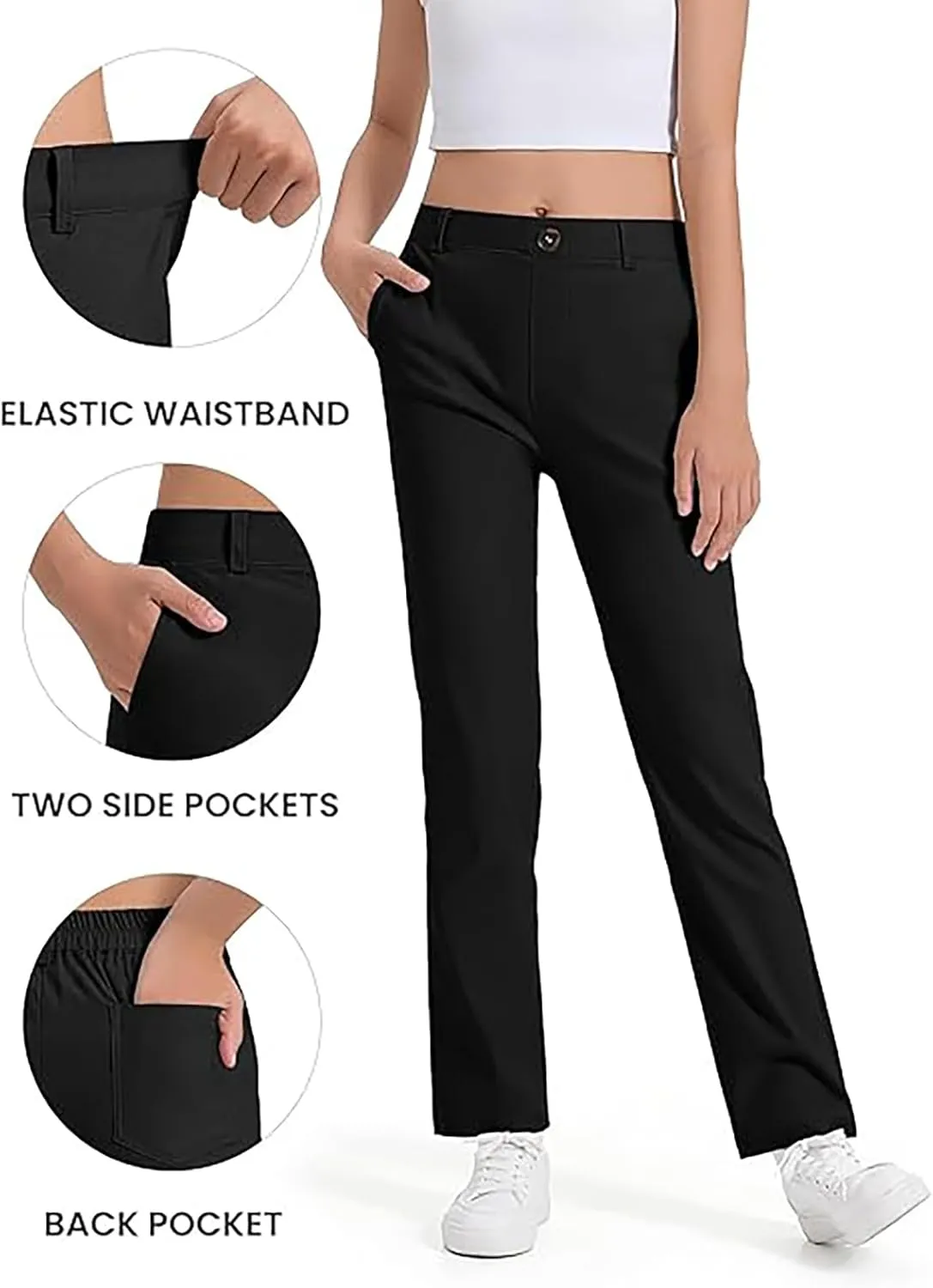 Girls Uniform Pants Kids High Stretchy Straight Leg Kids Dress Pants Elastic Waist Boys School Pant with Pockets
