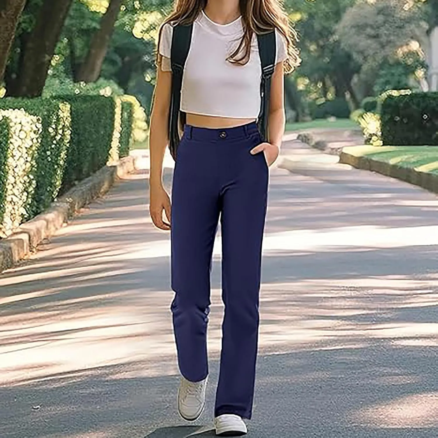 Girls Uniform Pants Kids High Stretchy Straight Leg Kids Dress Pants Elastic Waist Boys School Pant with Pockets