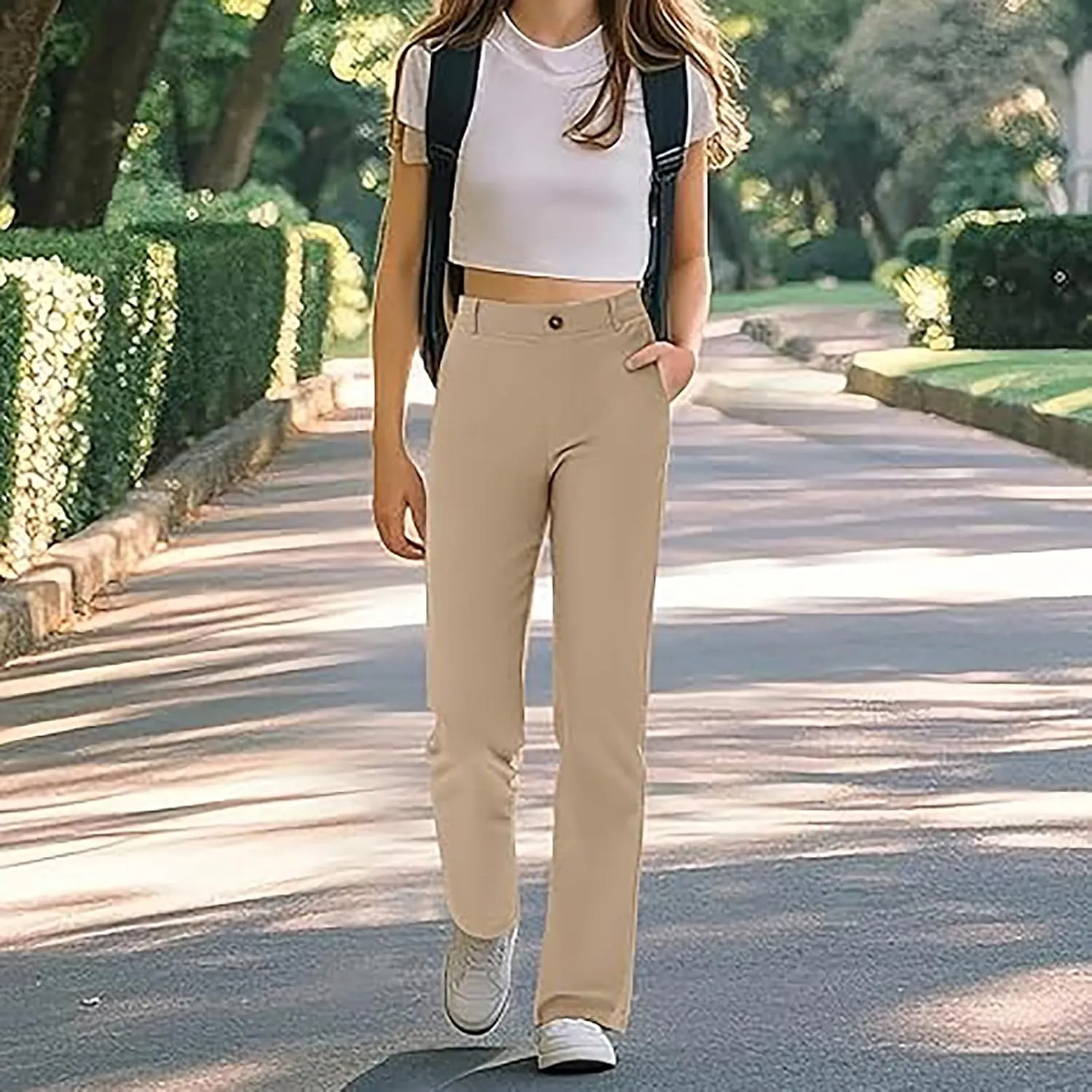 Girls Uniform Pants Kids High Stretchy Straight Leg Kids Dress Pants Elastic Waist Boys School Pant with Pockets