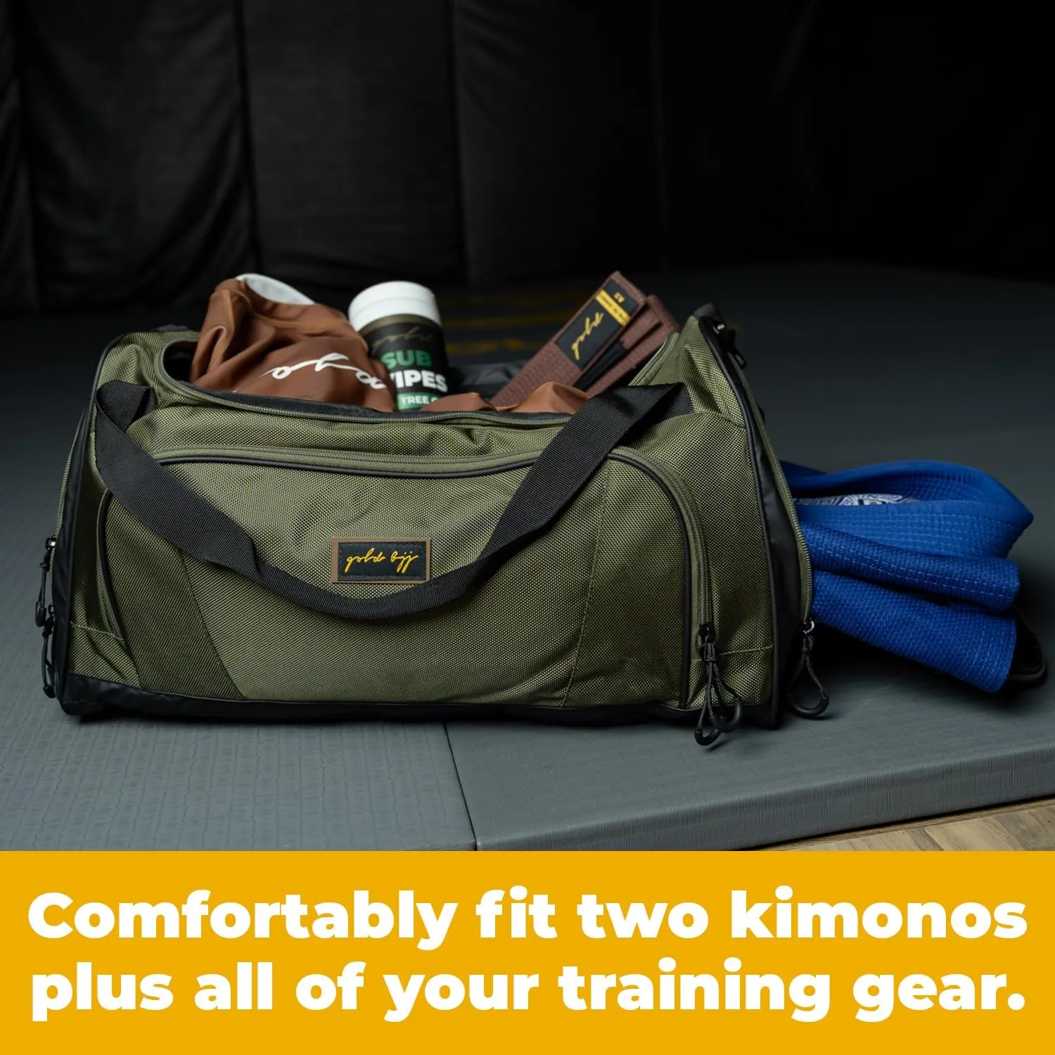 Gold BJJ Jiu Jitsu Duffle Bag - Waterproof Pocket for Sweaty Gi, Rashguard, or Shoes - The Perfect Duffel Bag for Martial Arts Gear, Boxing, MMA, and More