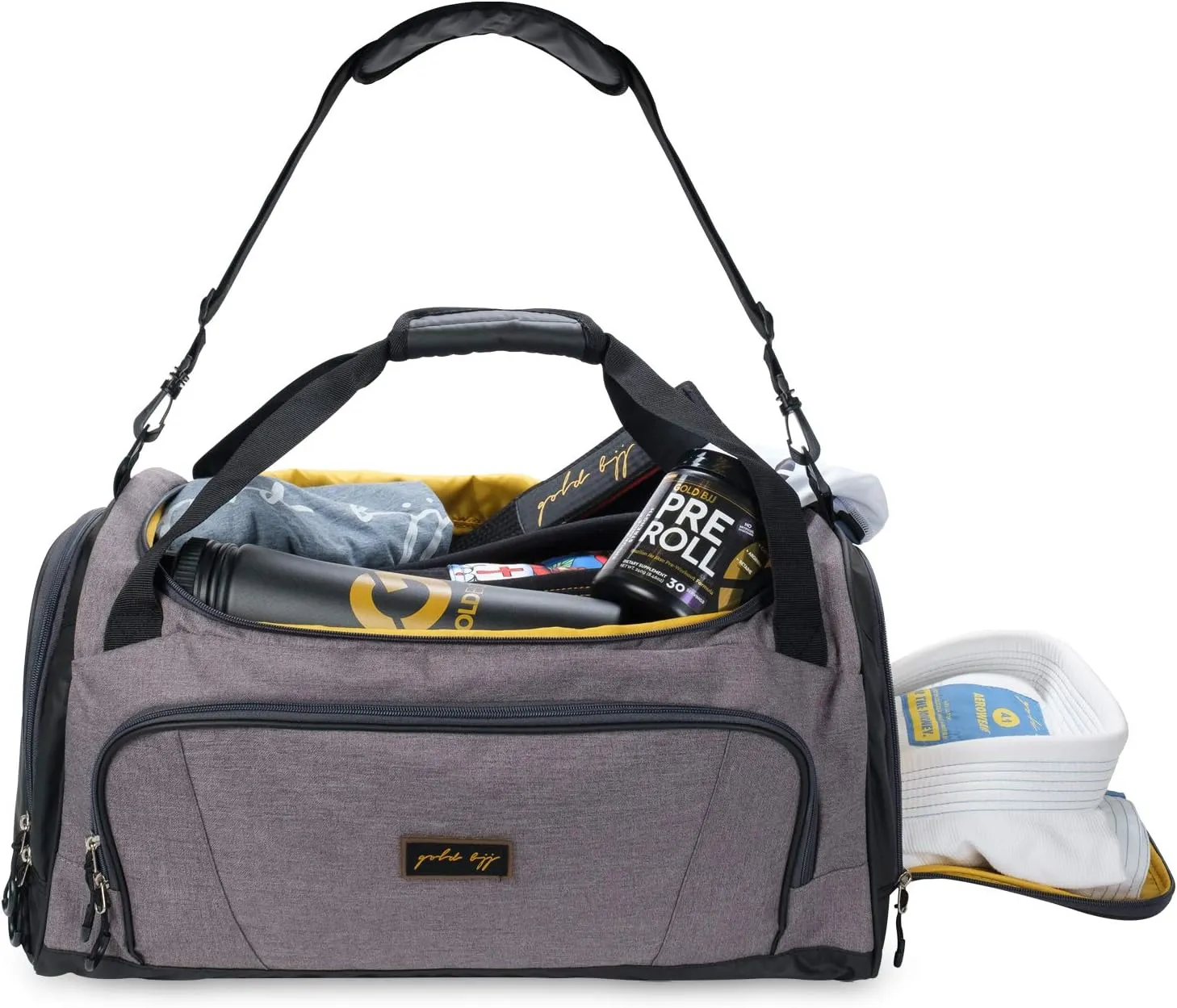 Gold BJJ Jiu Jitsu Duffle Bag - Waterproof Pocket for Sweaty Gi, Rashguard, or Shoes - The Perfect Duffel Bag for Martial Arts Gear, Boxing, MMA, and More