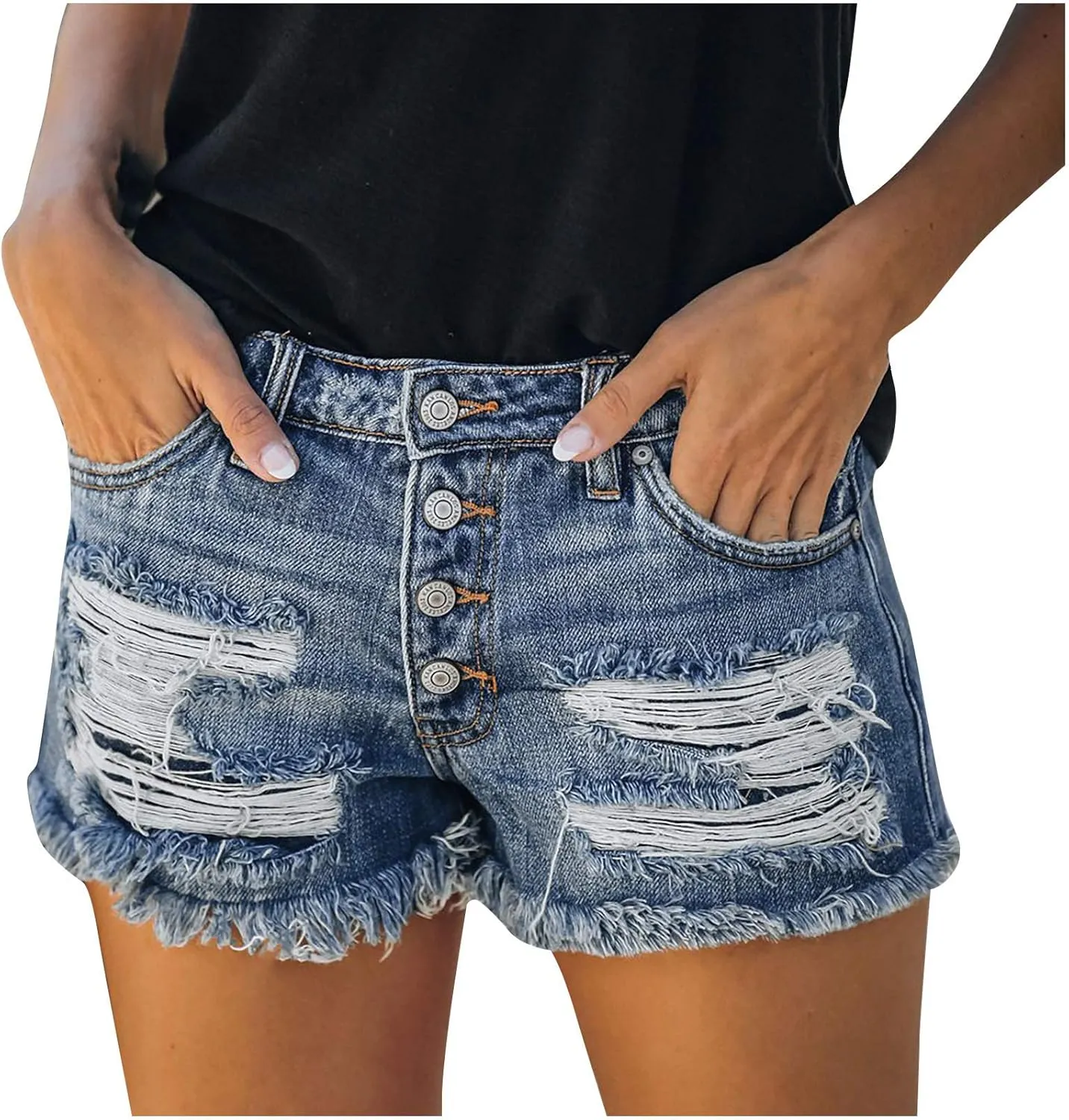 High Waisted Curvy Jeans Shorts For Women Frayed Raw Hem Distressed Ripped Hot Shorts Trendy Pull On Denim Shorts