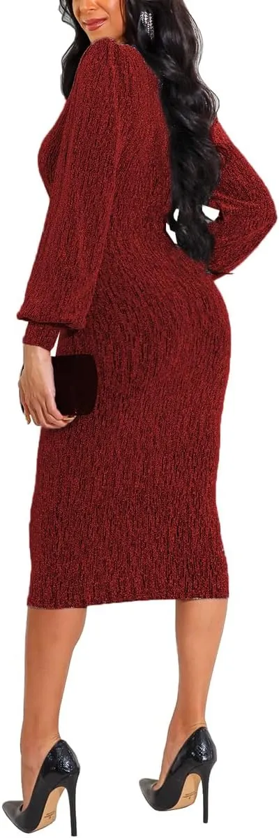 HugeNice Women's Glitter Sequin Dress Long Sleeve Cocktail Party Sparkly Midi Dresses Clubwear