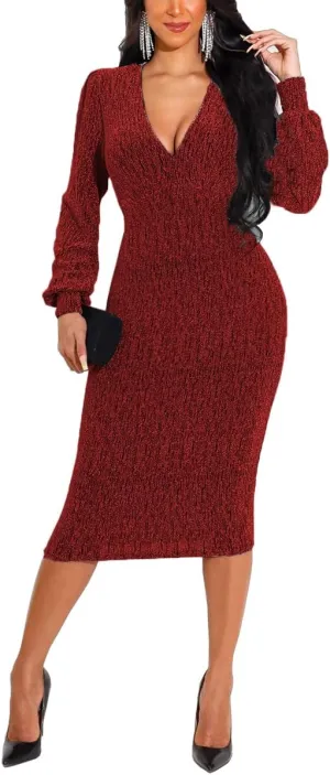 HugeNice Women's Glitter Sequin Dress Long Sleeve Cocktail Party Sparkly Midi Dresses Clubwear