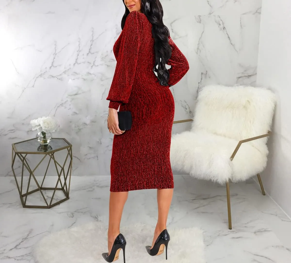HugeNice Women's Glitter Sequin Dress Long Sleeve Cocktail Party Sparkly Midi Dresses Clubwear