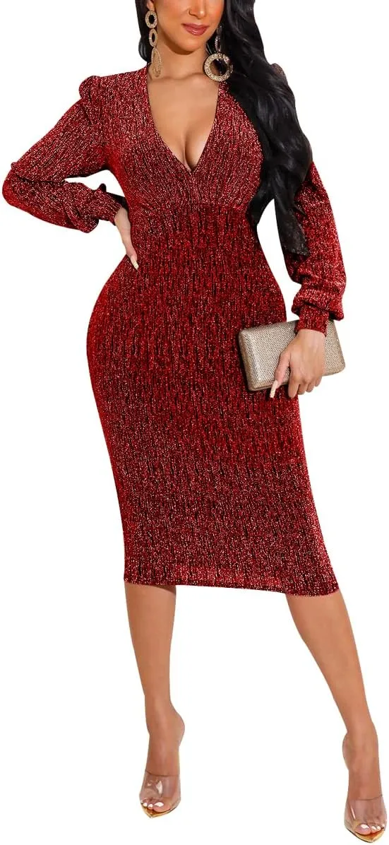 HugeNice Women's Glitter Sequin Dress Long Sleeve Cocktail Party Sparkly Midi Dresses Clubwear