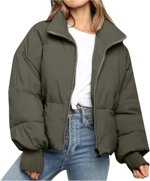 Hvyesh Womens Winter Cropped Puffer Jacket Coat Warm Quilted Jacket Casual Zip Up Padded Stand Collar Zip-Up Down Coat