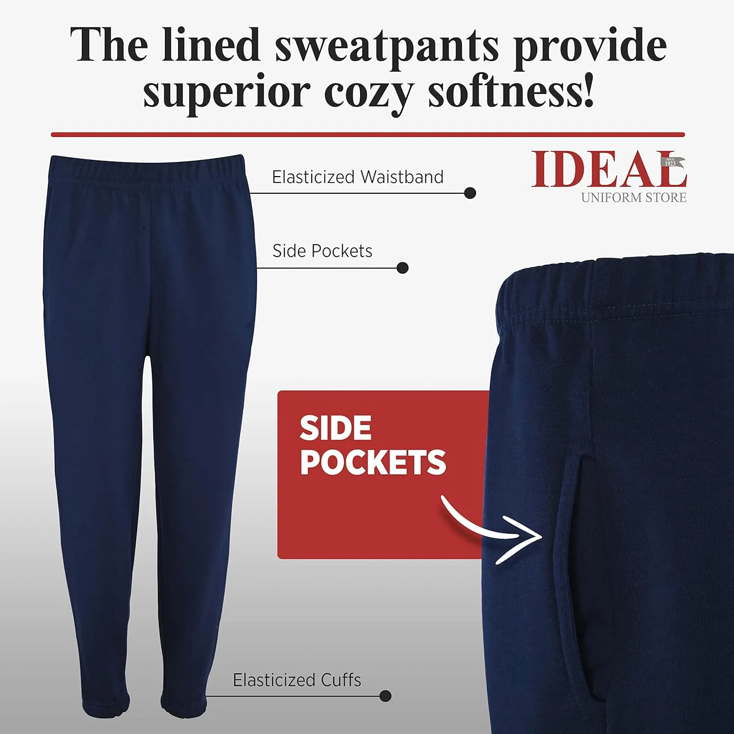 Ideal Uniform Cotton Sweatpants, Active Jogger Pants, Unisex School Uniform, Fleece Lined Navy Blue Joggers for Boys & Girls