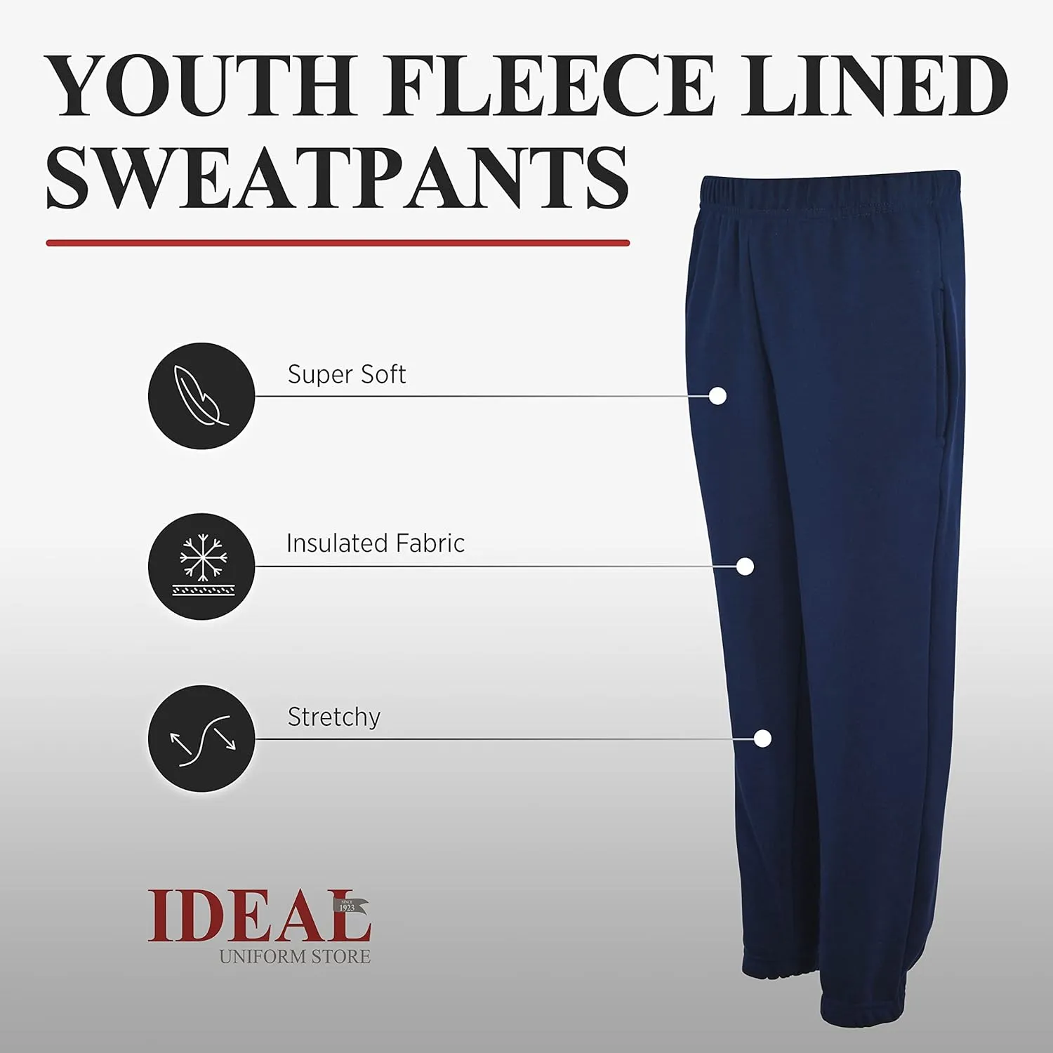 Ideal Uniform Cotton Sweatpants, Active Jogger Pants, Unisex School Uniform, Fleece Lined Navy Blue Joggers for Boys & Girls