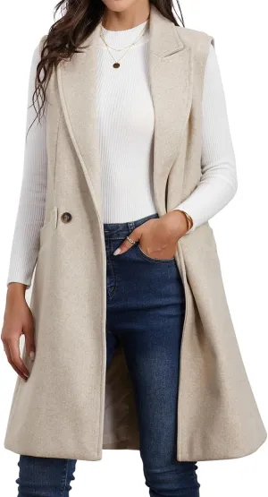 IDEALSANXUN Womens Long Vest Fall Winter Wool Sleeveless Blazer Jackets Waistcoat Coats
