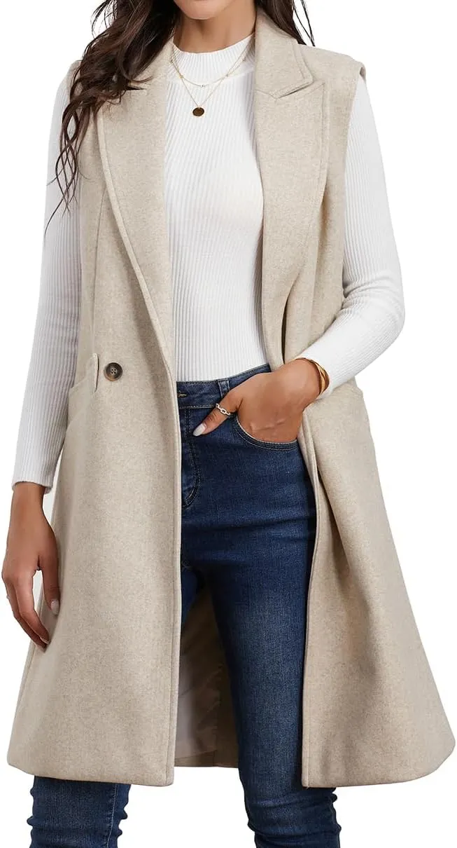 IDEALSANXUN Womens Long Vest Fall Winter Wool Sleeveless Blazer Jackets Waistcoat Coats