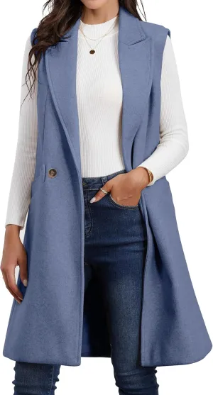 IDEALSANXUN Womens Long Vest Fall Winter Wool Sleeveless Blazer Jackets Waistcoat Coats