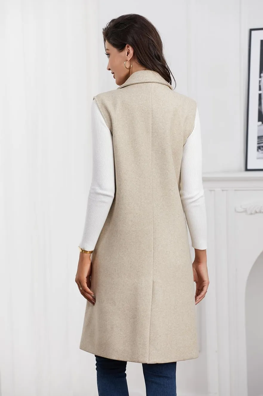 IDEALSANXUN Womens Long Vest Fall Winter Wool Sleeveless Blazer Jackets Waistcoat Coats