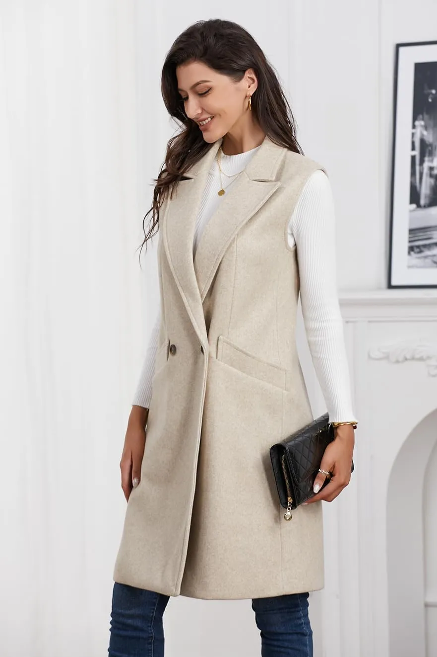 IDEALSANXUN Womens Long Vest Fall Winter Wool Sleeveless Blazer Jackets Waistcoat Coats