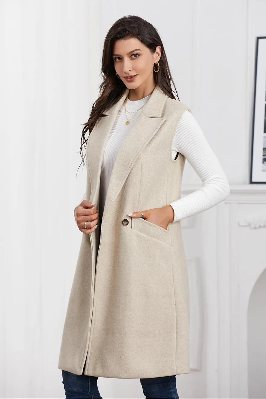 IDEALSANXUN Womens Long Vest Fall Winter Wool Sleeveless Blazer Jackets Waistcoat Coats