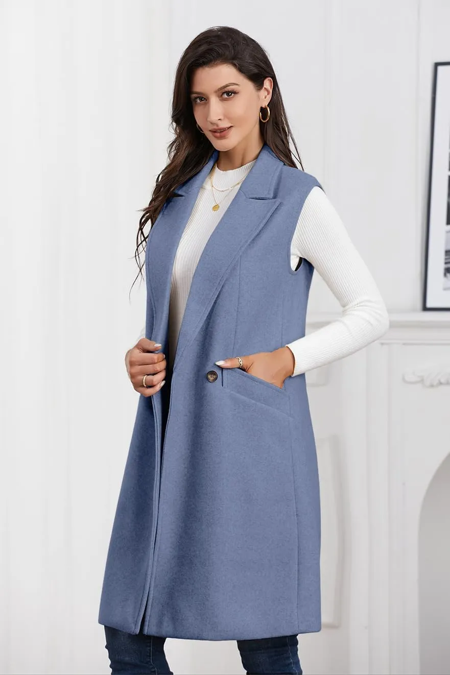 IDEALSANXUN Womens Long Vest Fall Winter Wool Sleeveless Blazer Jackets Waistcoat Coats