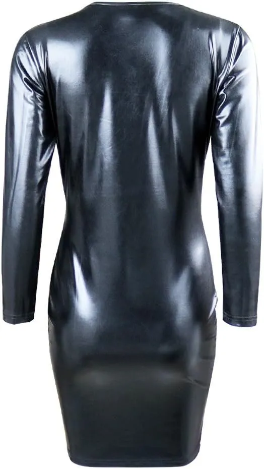 iEFiEL Women's Black Deep V-Neck Wet Look Long Sleeve Clubwear PVC Leather Bodycon Party Dress