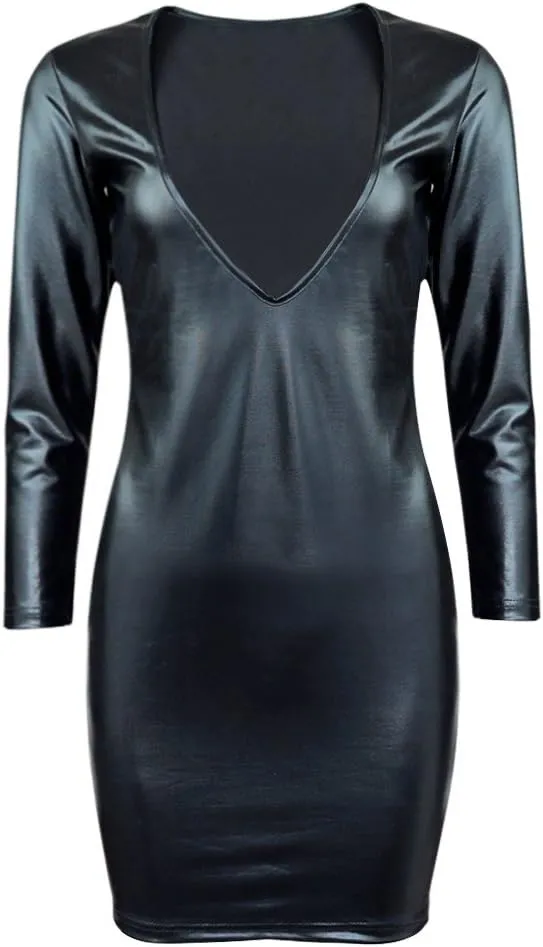 iEFiEL Women's Black Deep V-Neck Wet Look Long Sleeve Clubwear PVC Leather Bodycon Party Dress