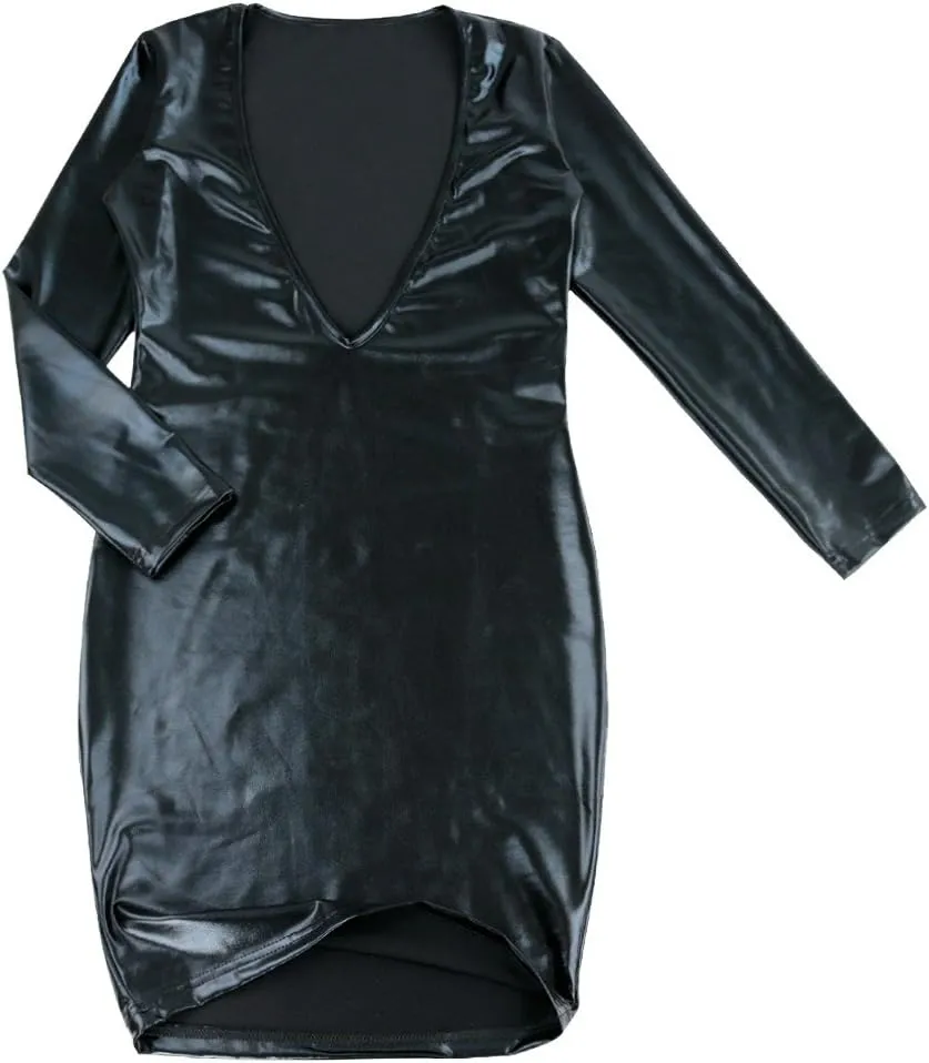 iEFiEL Women's Black Deep V-Neck Wet Look Long Sleeve Clubwear PVC Leather Bodycon Party Dress