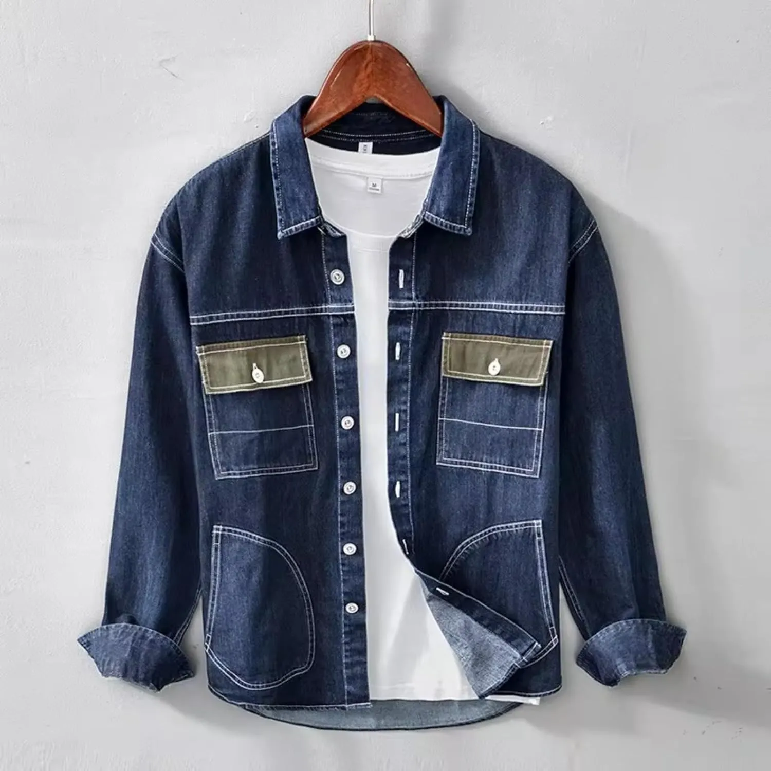 Japanese Styles Cargo Denim Long Sleeve Shirt Men's Washed Retro Slim Fit Jean Coats Shirts