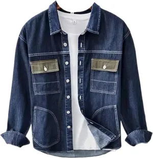 Japanese Styles Cargo Denim Long Sleeve Shirt Men's Washed Retro Slim Fit Jean Coats Shirts