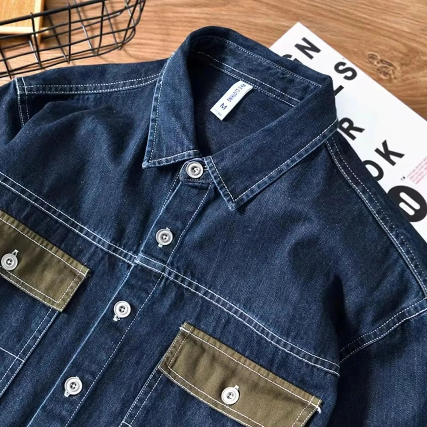 Japanese Styles Cargo Denim Long Sleeve Shirt Men's Washed Retro Slim Fit Jean Coats Shirts