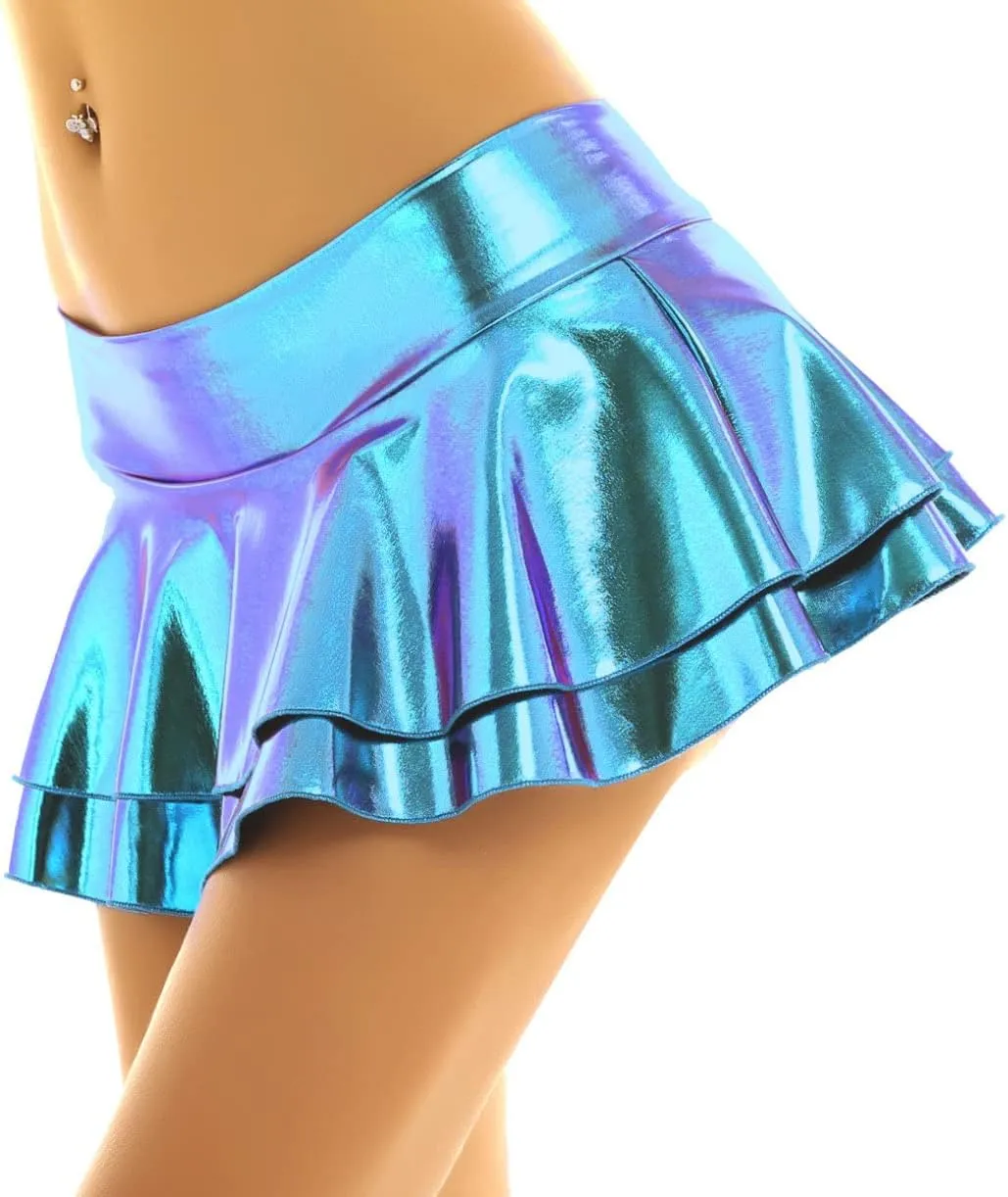 JEATHA Women's Shiny Novelty Metallic Pleated Mini Skirt Rave Dance Clubwear Miniskirt Dancewear