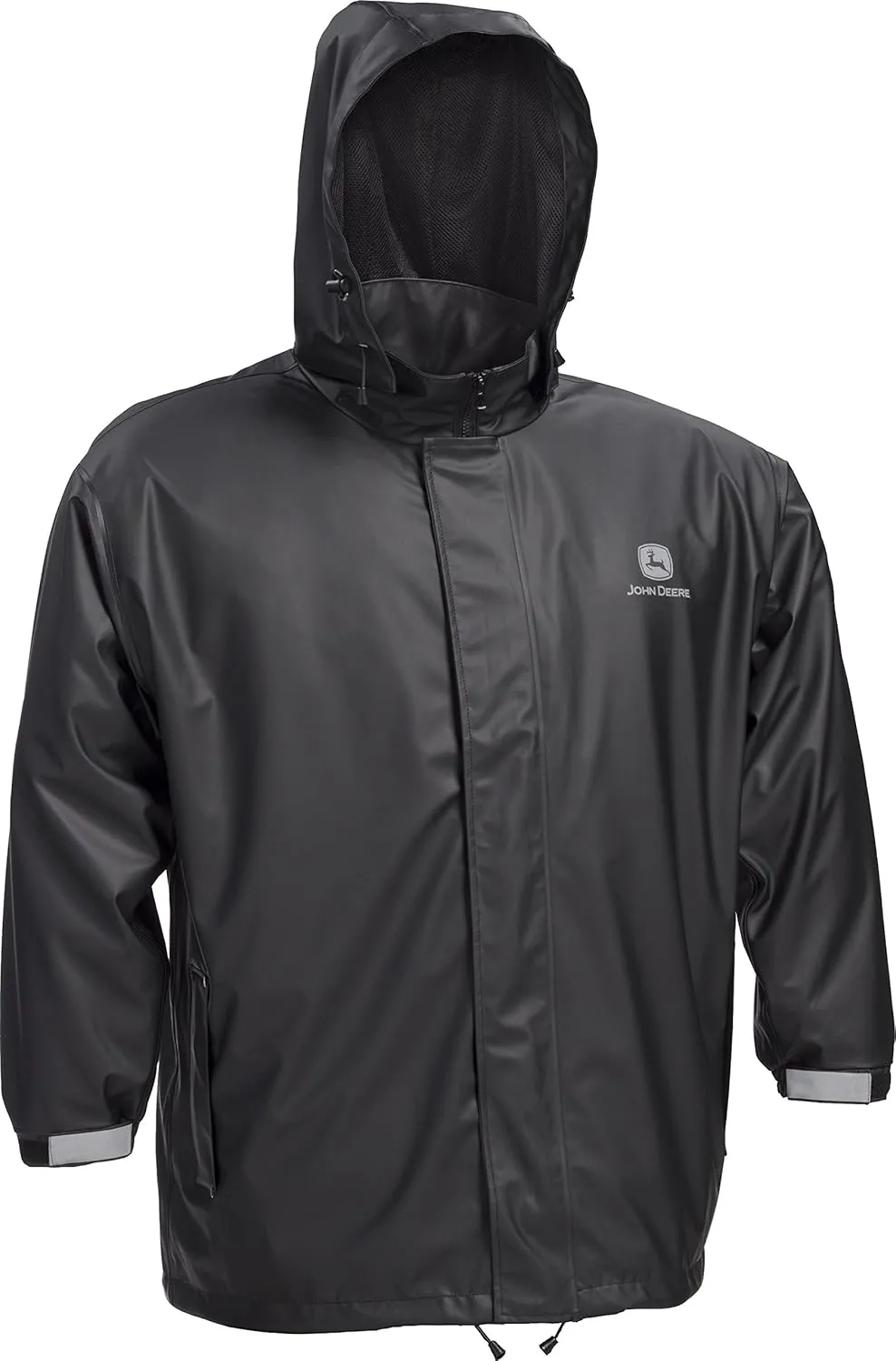 John Deere JD44540J Stretch PU Jacket, Mesh Lining, Reflective Logo with Tuck-in Hood, Black