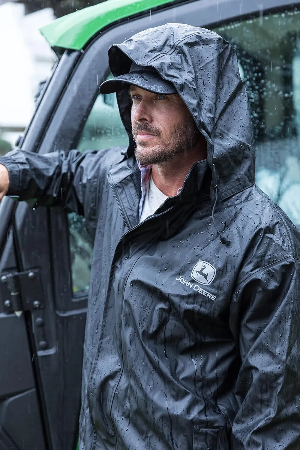 John Deere JD44540J Stretch PU Jacket, Mesh Lining, Reflective Logo with Tuck-in Hood, Black