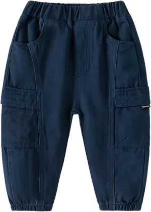 Kids Boys Cargo Pants Solid Color Elastic Waist Pocket Hiking Sweatpants Baggy Joggers Denim Multiple Pockets Trousers