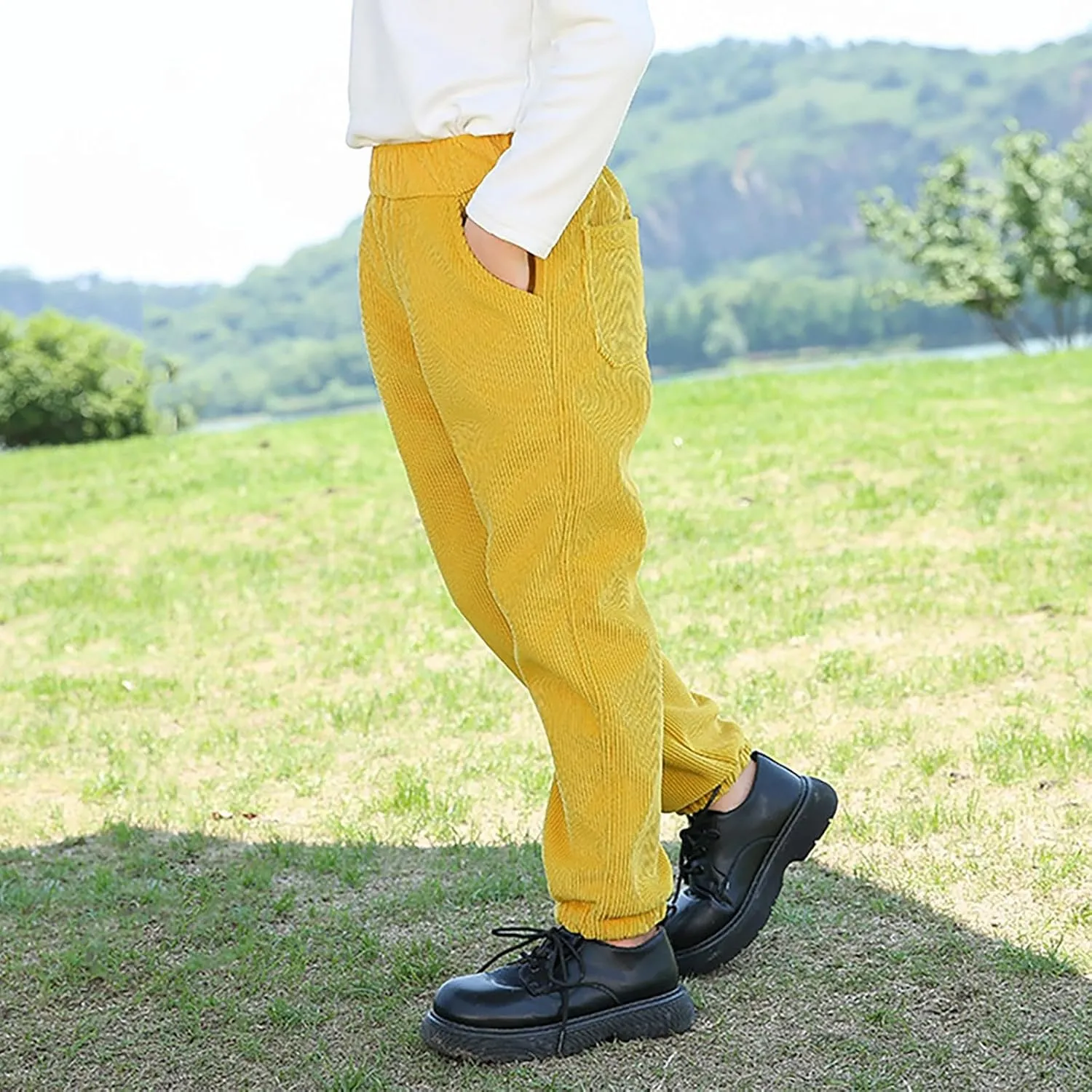 Kids Toddler Sweatpants Corduroy Solid Elastic Waist Jogger Pants with Pockets Boys Girls Fall Winter Bottoms Clothes