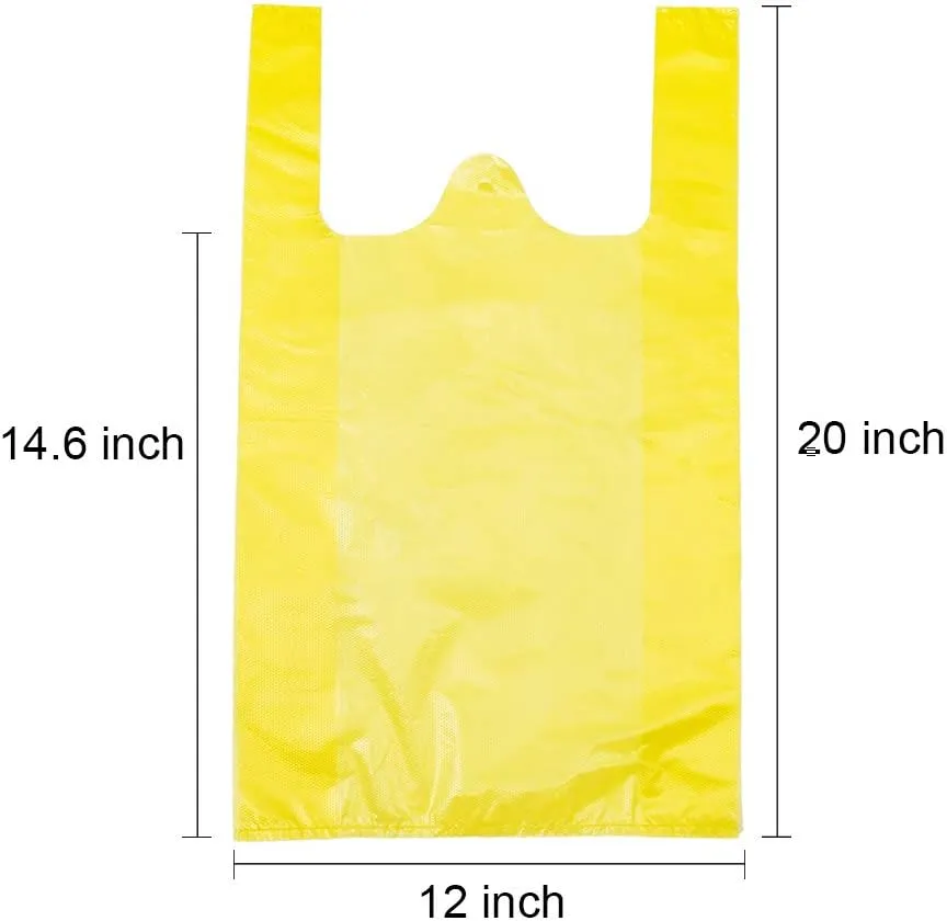LazyMe T Shirt Bags, Plastic Bags with Handles for Grocrery and Retail Shopping, Bolsas De Plastico Para Negocio, 12x20 Inch (Yellow, 50pcs)