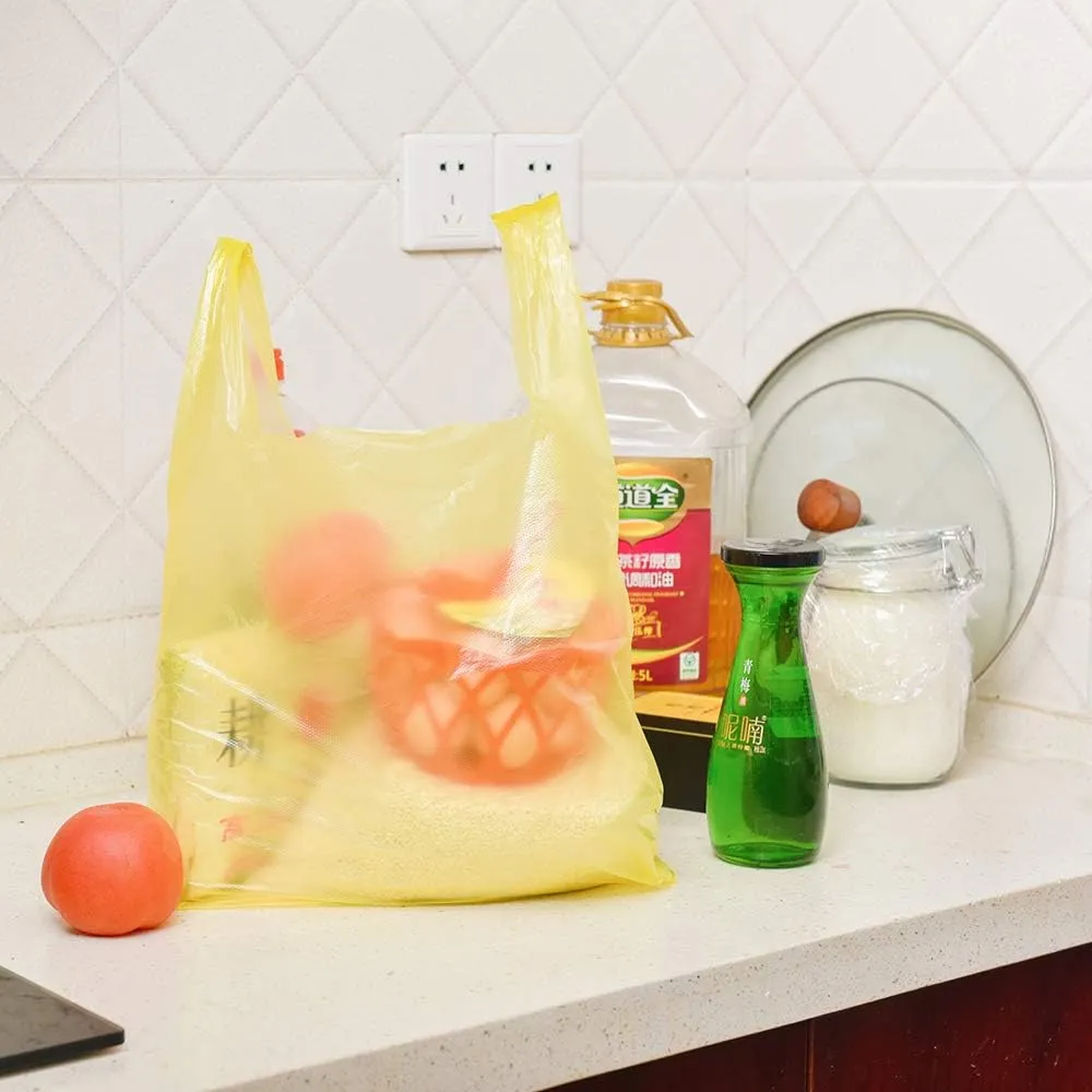 LazyMe T Shirt Bags, Plastic Bags with Handles for Grocrery and Retail Shopping, Bolsas De Plastico Para Negocio, 12x20 Inch (Yellow, 50pcs)