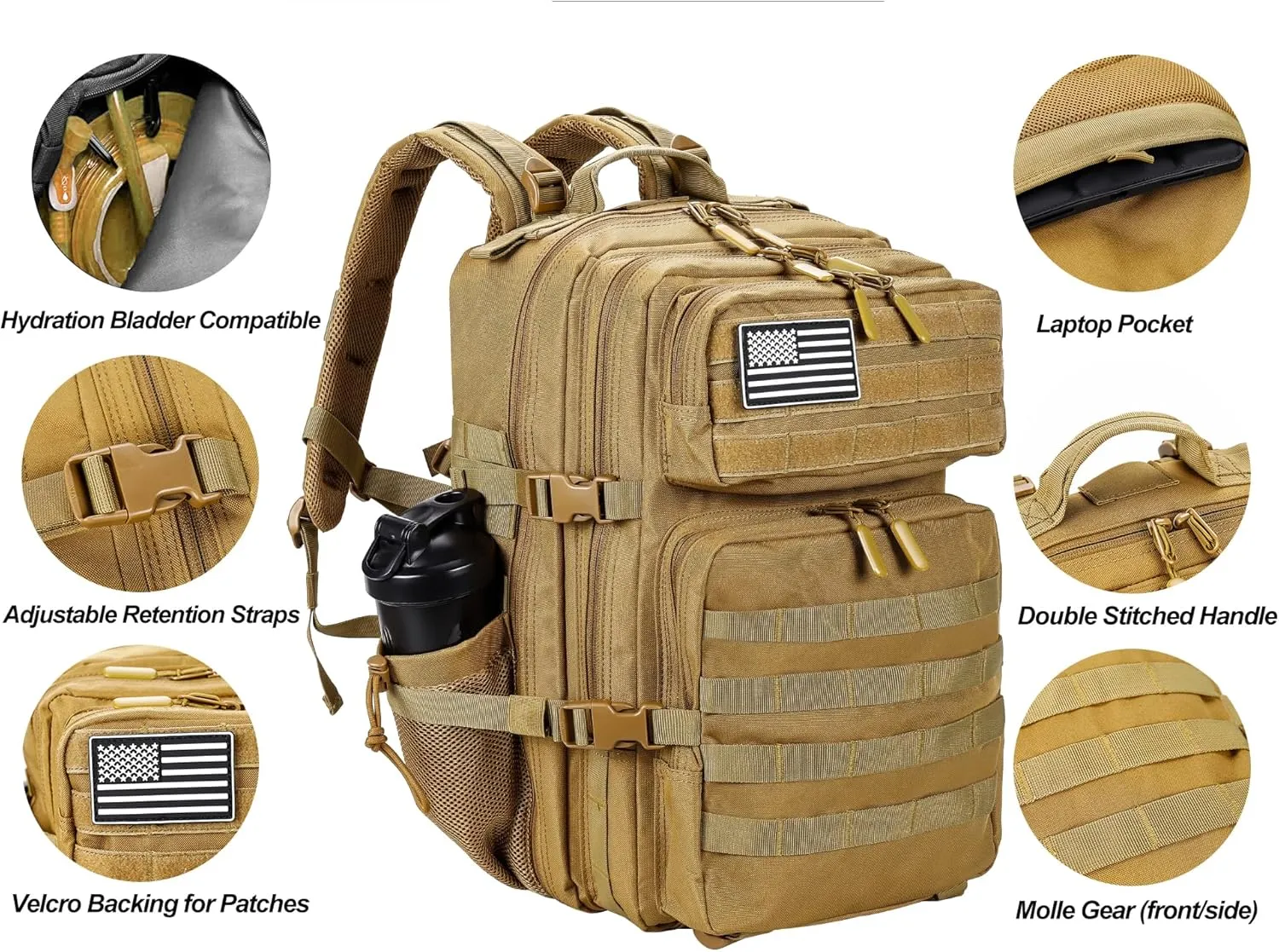 LHI Military Tactical Backpack for Men and Women 45L Army 3 Days Assault Pack Bag Large Rucksack with Molle System