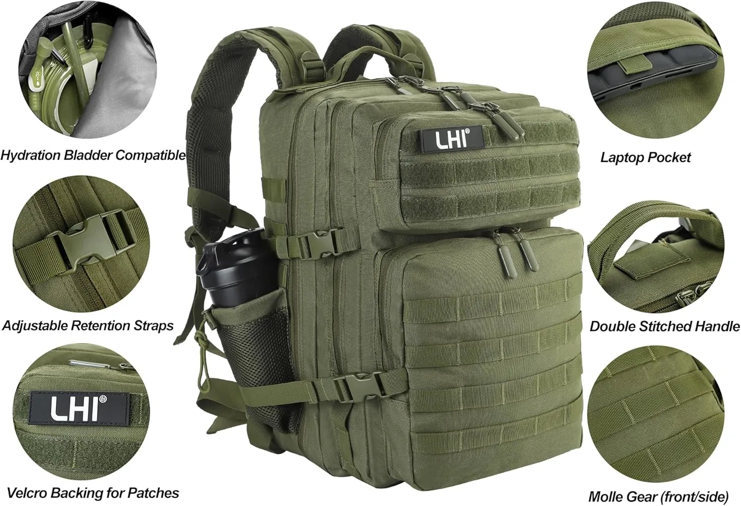 LHI Military Tactical Backpack for Men and Women 45L Army 3 Days Assault Pack Bag Large Rucksack with Molle System