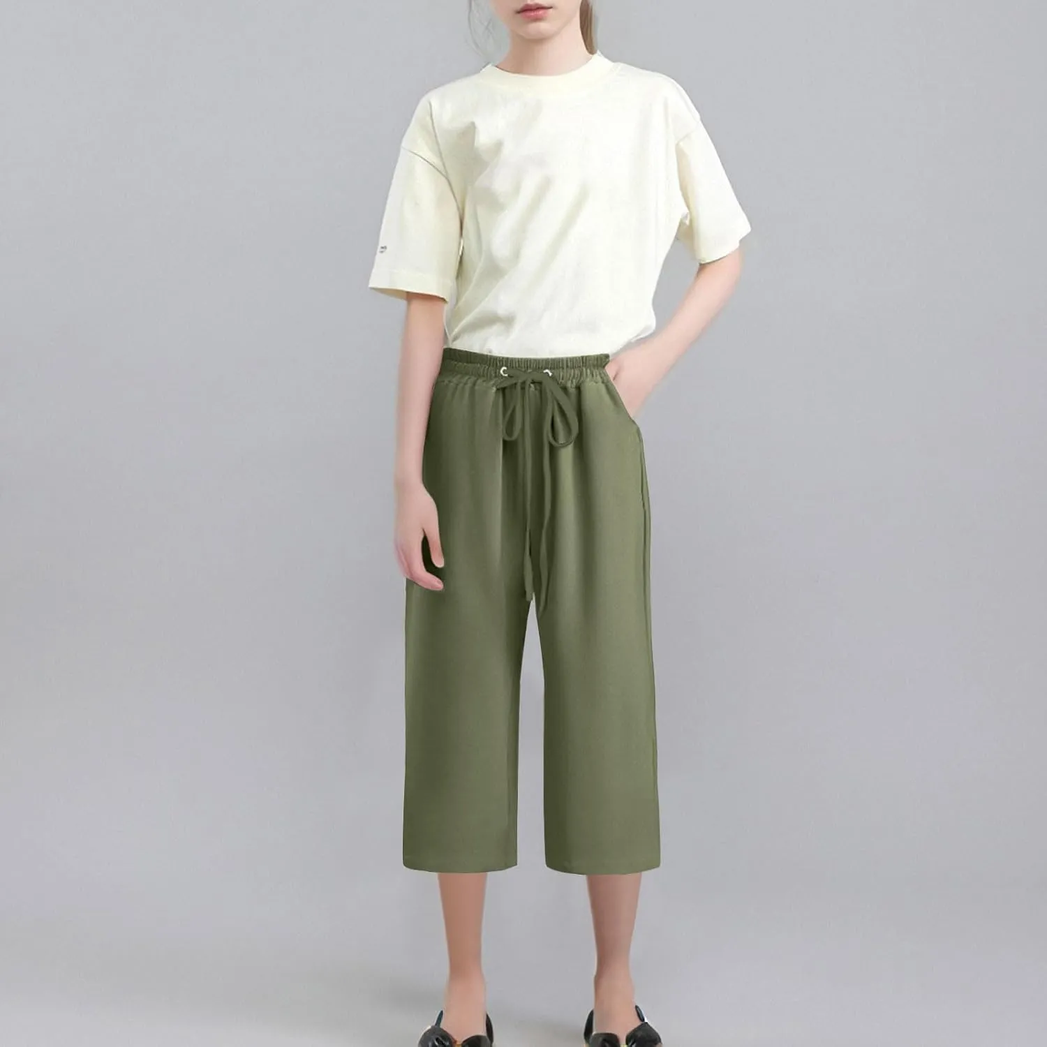 Linen Capri Pants for Girls Lightweight Casual Summer Elastic Waist Loose Straight Leg Trousers with Pockets for 4-14 Years