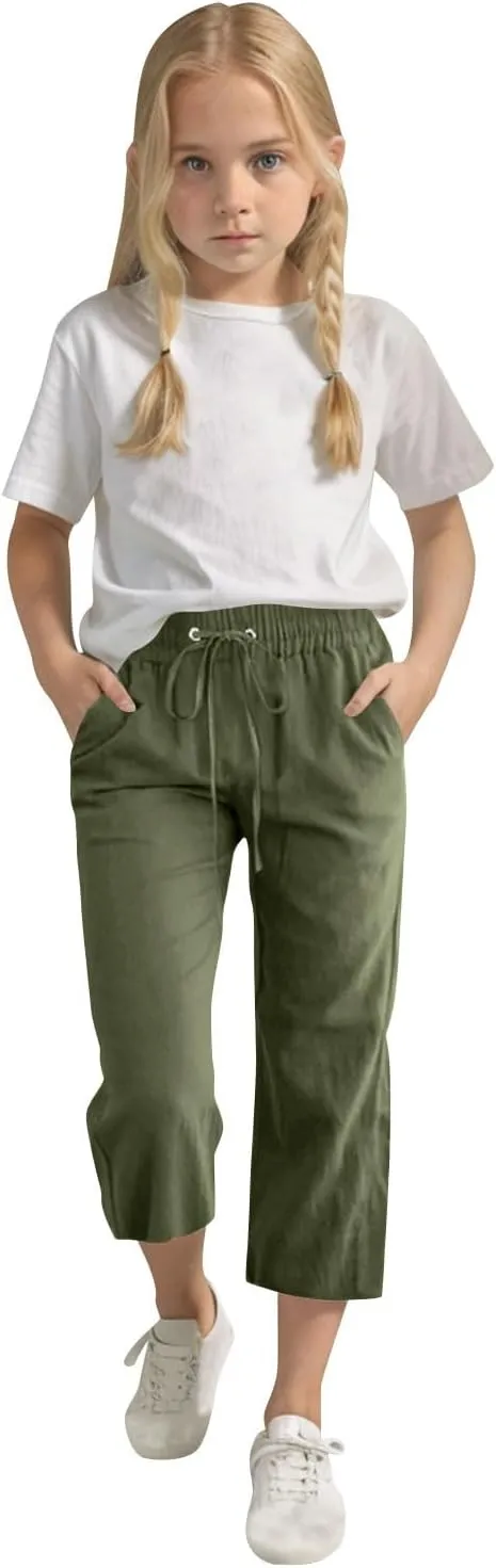 Linen Capri Pants for Girls Lightweight Casual Summer Elastic Waist Loose Straight Leg Trousers with Pockets for 4-14 Years