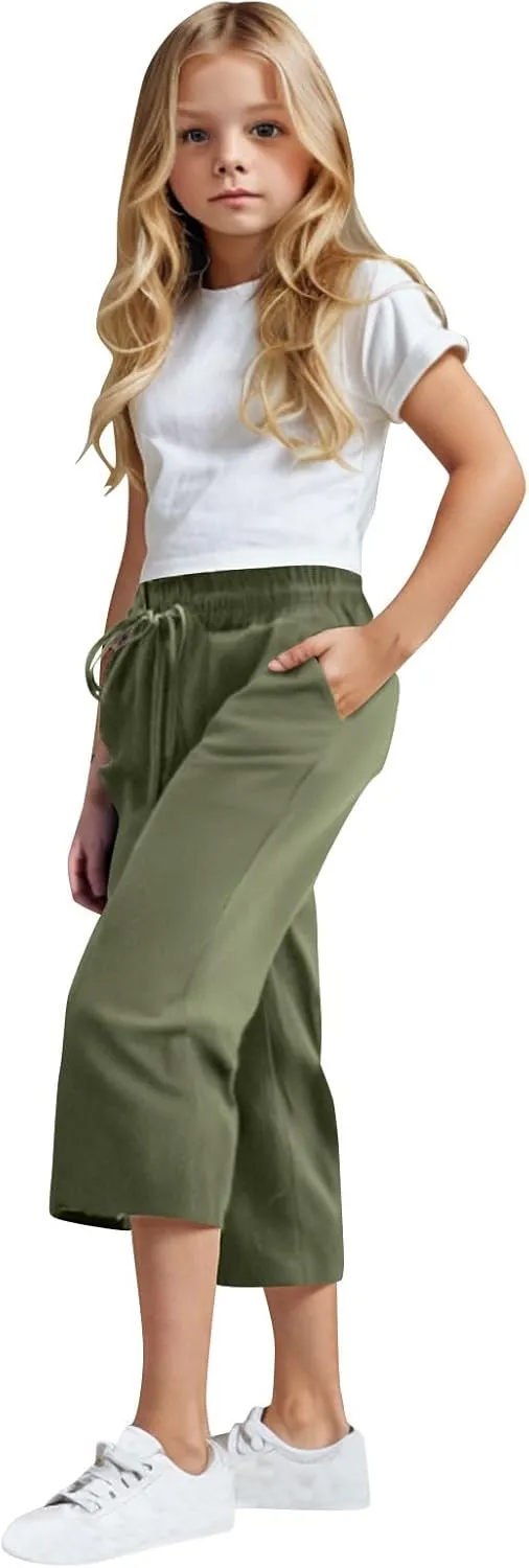 Linen Capri Pants for Girls Lightweight Casual Summer Elastic Waist Loose Straight Leg Trousers with Pockets for 4-14 Years