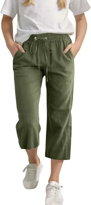 Linen Capri Pants for Girls Lightweight Casual Summer Elastic Waist Loose Straight Leg Trousers with Pockets for 4-14 Years