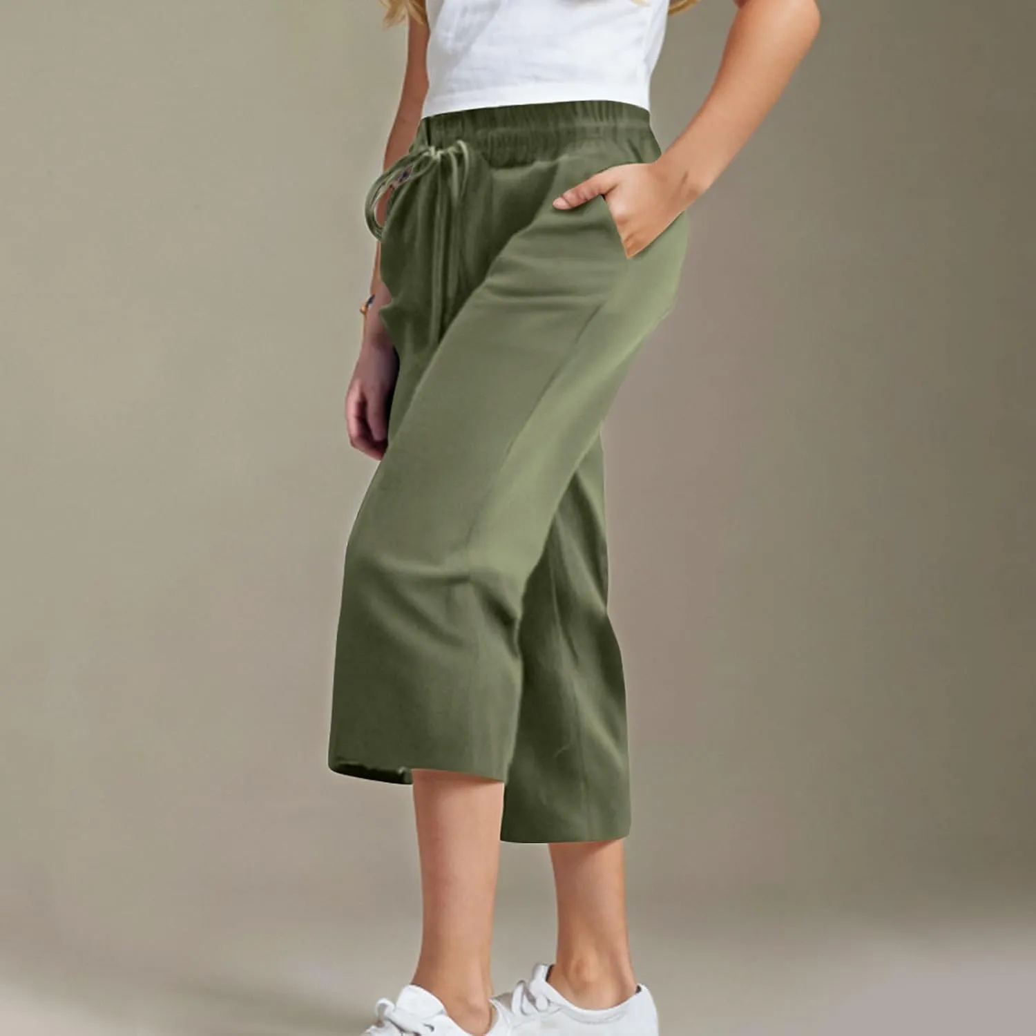 Linen Capri Pants for Girls Lightweight Casual Summer Elastic Waist Loose Straight Leg Trousers with Pockets for 4-14 Years