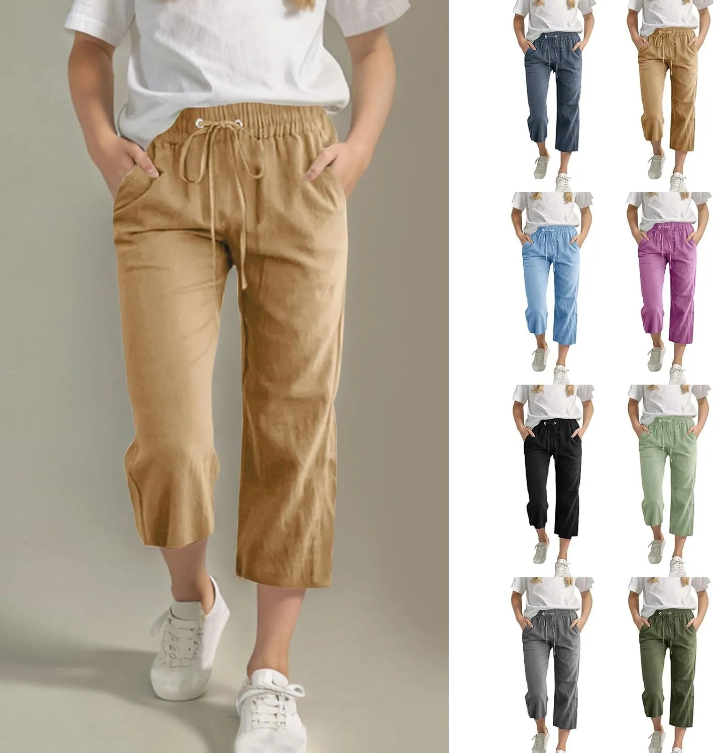 Linen Capri Pants for Girls Lightweight Casual Summer Elastic Waist Loose Straight Leg Trousers with Pockets for 4-14 Years